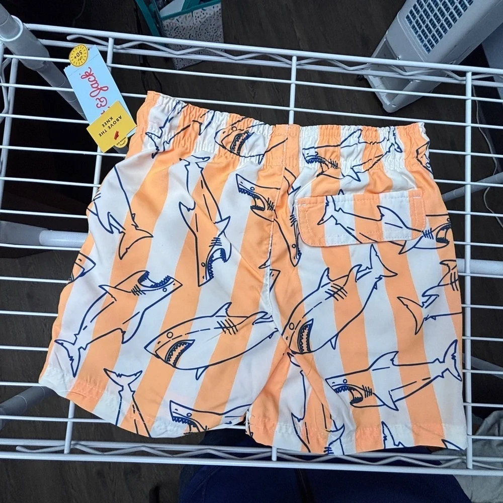 NWT Cat & Jack Irish Twin 4/5yo & 6/7yo JAWS Orange & White Striped Swim Shorts